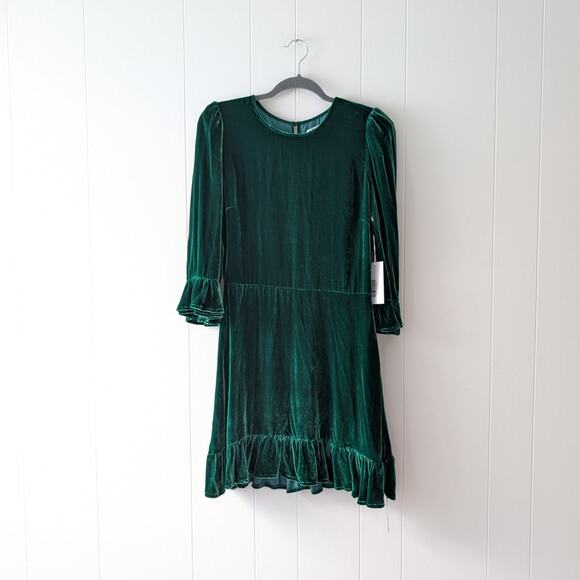 NWOT Reformation Mountain Emerald Green Velvet Mini Ruffle Holiday Dress, - Picture 4 of 14